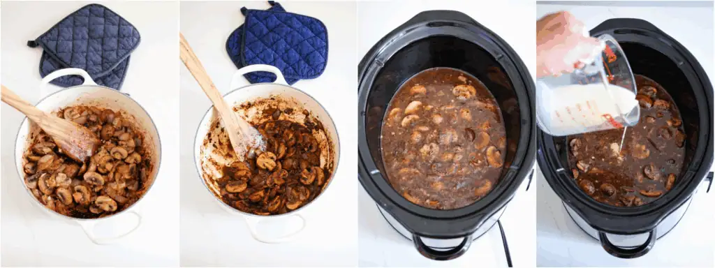 Some of the steps to making beef tips Heat a little more oil in the pot over medium heat. Add the onions and cook for a few minutes. Then add the mushrooms and cook until the onions are soft and the mushrooms are browned. Reduce the heat to low and add the garlic and Italian seasoning. Cook for a minute while stirring. Scrape the bottom of the pot to remove most of the brown bits (that is where the flavor is). If needed, use a bit of beef broth to loosen the bits and deglaze the pan. Cover and cook on high for 2-3 hours or on low for 4-5 hours. Mix the cornstarch with a little beef broth and stir it into the crockpot. 