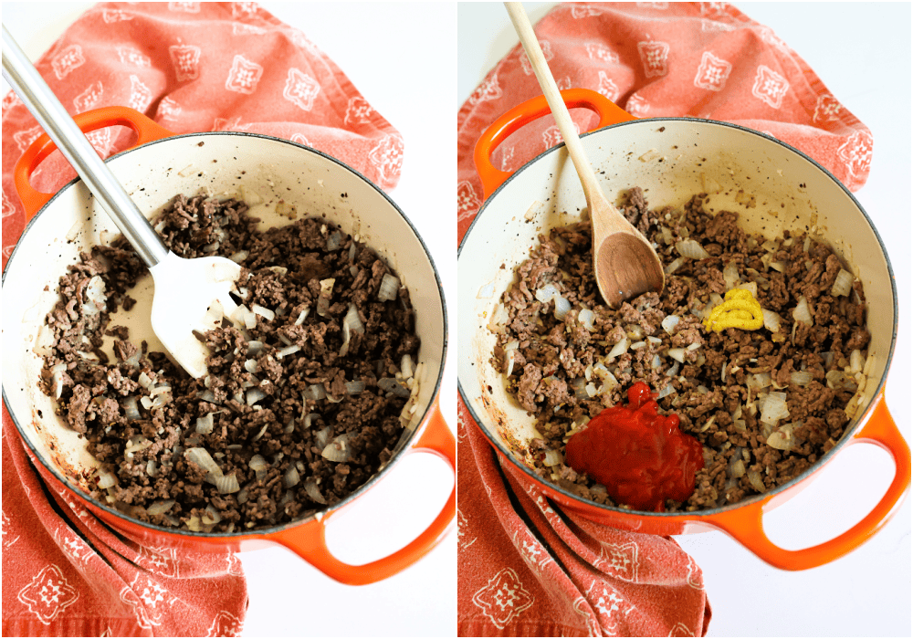 Some of the steps for making cheeseburger macaroni. Brown the ground beef. About halfway through the browning process, add the onions. Reduce the heat and add the garlic and red pepper flakes, cooking for about a minute. Stir in the ketchup, Worcestershire sauce, brown mustard, milk, and beef broth. Then, bring the mixture to a boil.