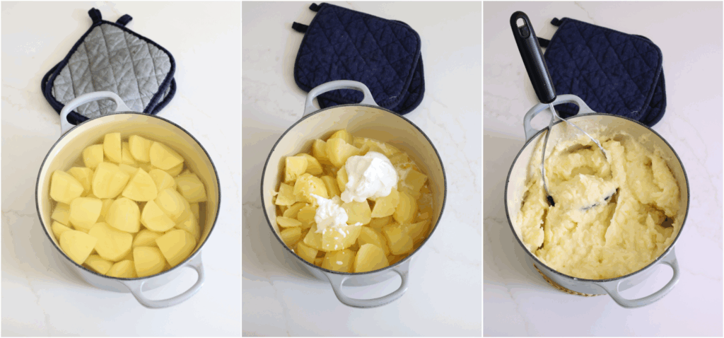 Some of the steps to making homemade mashed potatoes. Peel and boil the potatoes in well-salted water. Drain the potatoes well. Add the butter, cover, and let the warm potatoes melt the butter. Add the sour cream and milk, cover to warm for a minute or two. Mash thoroughly with a handheld potato masher. 