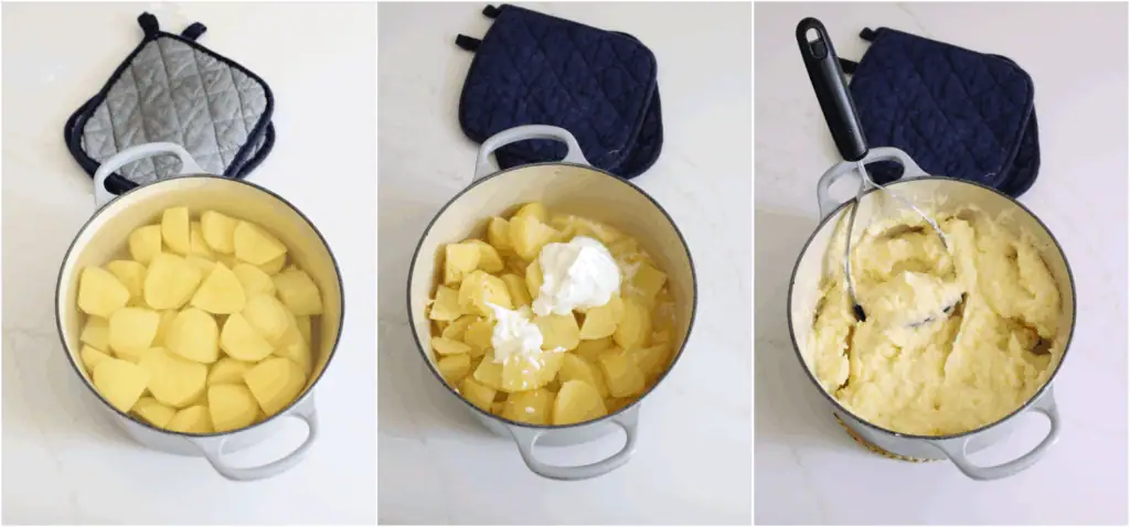 Some of the steps to making homemade mashed potatoes. Peel and boil the potatoes in well-salted water. Drain the potatoes well. Add the butter, cover, and let the warm potatoes melt the butter. Add the sour cream and milk, cover to warm for a minute or two. Mash thoroughly with a handheld potato masher.