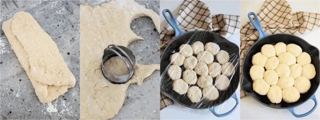 Some of the steps to making angel biscuits. Gently pat the dough out to 1 inch on a lightly floured surface or a dough mat. Fold into thirds like a book. Pat it back out and fold it again. Gently pat it back out to 1 inch and cut the biscuits. Place them in a couple of greased cast-iron skillets with the sides of the biscuits touching. Cover with plastic wrap and let the dough rise for an hour. Brush the tops of the biscuits with melted butter. Bake for about 15 minutes.