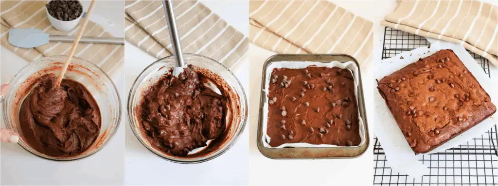 Some of the steps for making fudgy brownies. Stir in the flour and cocoa mixture just until combined. The batter will be thick. Fold in the chocolate chips. Spread the batter into a parchment paper-lined 8x8-inch metal pan. Bake for about 30 minutes. Cool before slicing.