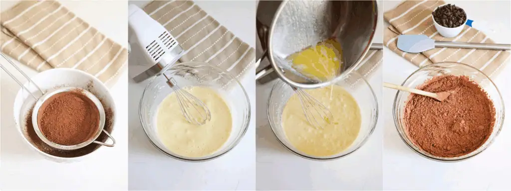 Some of the steps for making fudgy brownies. Sift the flour, salt, instant coffee, and baking cocoa together. Beat the eggs, sugar, and vanilla extract using a handheld electric mixer with the whisk attachment for about a minute. Slowly whisk in the butter using the electric mixer. Stir in the flour and cocoa mixture just until combined. The batter will be thick.