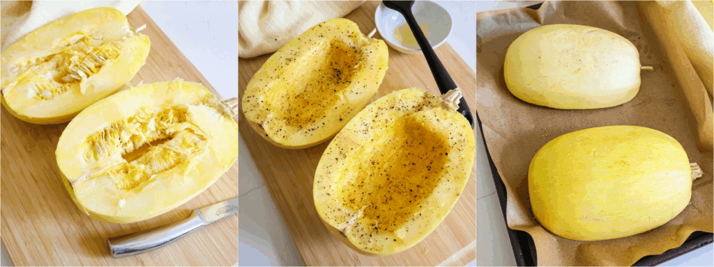 Some of the steps for making roasted spaghetti squash. Cut the spaghetti squash in half. Brush the insides of the squash with olive oil and season with salt and freshly ground black pepper. Place the halves cut side down on a baking sheet covered with parchment paper. 
