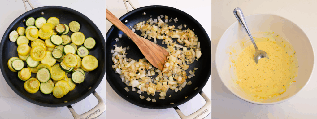Some of the steps to making squash casserole. Sauté the squash just until tender. Place it in a colander in the sink to drain any excess moisture.
Cook the onion over medium heat until tender. Reduce the heat to low and add the garlic, cooking for a minute. In a large bowl, mix the eggs, cheddar cheese, mayonnaise, sour cream, salt, black pepper, and a teaspoon of fresh herbs.