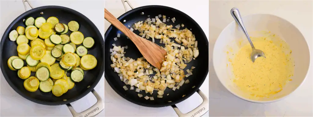 Some of the steps to making squash casserole. Sauté the squash just until tender. Place it in a colander in the sink to drain any excess moisture.
Cook the onion over medium heat until tender. Reduce the heat to low and add the garlic, cooking for a minute. In a large bowl, mix the eggs, cheddar cheese, mayonnaise, sour cream, salt, black pepper, and a teaspoon of fresh herbs.