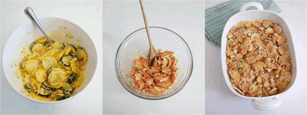 Some of the steps to making squash casserole. Gently toss the veggies in the egg mixture and spoon into a greased 2-2 1/2 quart casserole dish. Mix the coarsely crushed crackers with melted butter and sprinkle over the top of the squash mixture.