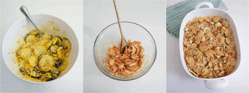 Some of the steps to making squash casserole. Gently toss the veggies in the egg mixture and spoon into a greased 2-2 1/2 quart casserole dish. Mix the coarsely crushed crackers with melted butter and sprinkle over the top of the squash mixture.
