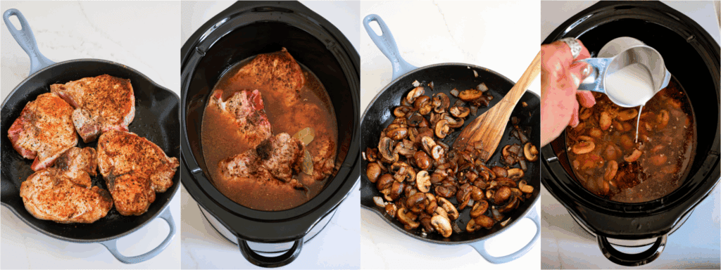 Some of the steps to making crock pot pork chops. Sear the pork chops on both sides. Add the French onion soup, chicken broth, Worcestershire sauce, bay leaves, and pork chops to the crock pot. Cook the onions, mushrooms, and garlic in the skillet. Mix the cornstarch with 1/4 cup of cold water and drizzle it into the crockpot while stirring. 