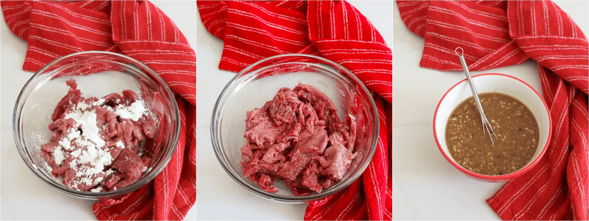 Some of the steps to making Mongolian beef. Add the sliced beef, soy sauce, rice wine, cornstarch, and vegetable oil to a bowl. Stir to combine. Let it rest for about 30 minutes. Meanwhile, mix the sesame oil, ginger, garlic, rice vinegar, soy sauce, brown sugar, beef broth, cornstarch, and red pepper flakes in a medium bowl.