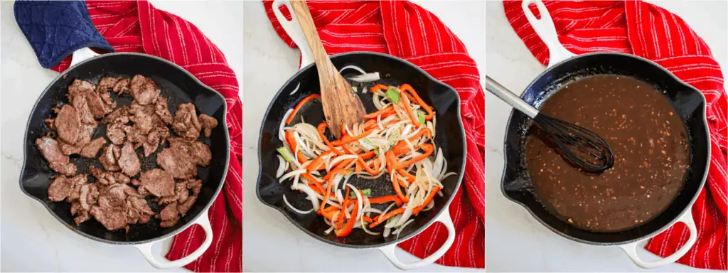 Some of the steps to making Mongolian beef. Add the sliced beef, soy sauce, rice wine, cornstarch, and vegetable oil to a bowl. Stir to combine. Let it rest for about 30 minutes. Meanwhile, mix the sesame oil, ginger, garlic, rice vinegar, soy sauce, brown sugar, beef broth, cornstarch, and red pepper flakes in a medium bowl. Heat a little more vegetable oil in the skillet over medium-high heat. Add the bell peppers, onions, and half the green onions. Add the sauce and cook over medium-low heat until thickened, whisking frequently.
