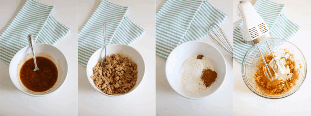 Some of the steps to making apple coffee cake. Mix the brown sugar, granulated sugar, ground cinnamon, salt, and melted butter in a medium bowl. Stir in the flour until crumbs form. Whisk the flour, baking powder, baking soda, salt, cinnamon, and allspice in another medium bowl. In a large bowl, cream the butter and brown sugar using a handheld mixer or stand mixer on medium speed. Add the egg, sour cream, and vanilla extract, mixing on low speed just until combined.