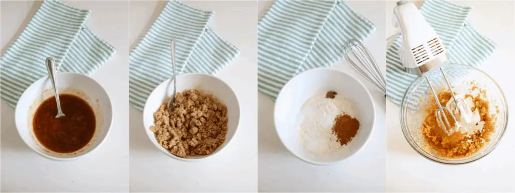 Some of the steps to making apple coffee cake. Mix the brown sugar, granulated sugar, ground cinnamon, salt, and melted butter in a medium bowl. Stir in the flour until crumbs form. Whisk the flour, baking powder, baking soda, salt, cinnamon, and allspice in another medium bowl. In a large bowl, cream the butter and brown sugar using a handheld mixer or stand mixer on medium speed. Add the egg, sour cream, and vanilla extract, mixing on low speed just until combined.