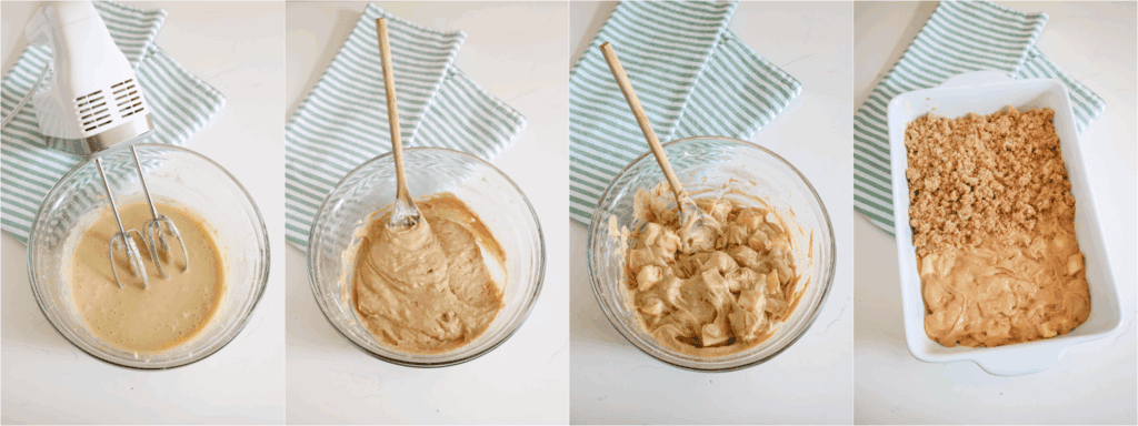 Some of the steps to making apple coffee cake. Add the flour mixture in a couple of increments, mixing until incorporated. Using a spoon or spatula, fold in the apples. Spread the batter into a well-greased baking dish and sprinkle with the crumb topping.
