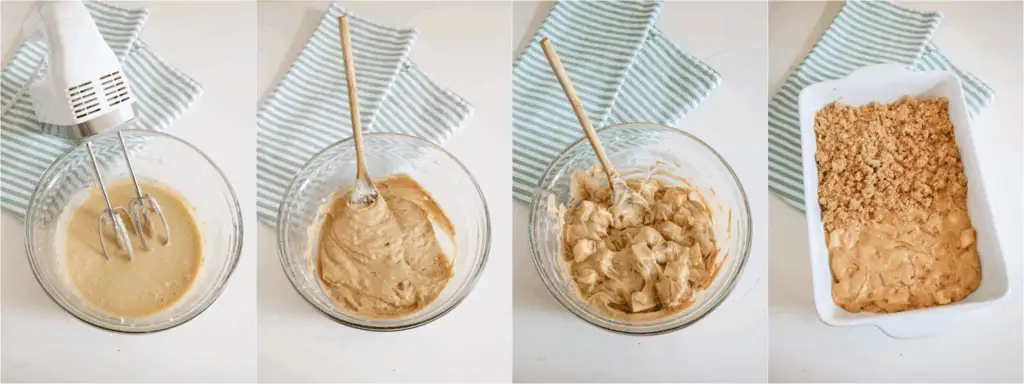 Some of the steps to making apple coffee cake. Add the flour mixture in a couple of increments, mixing until incorporated. Using a spoon or spatula, fold in the apples. Spread the batter into a well-greased baking dish and sprinkle with the crumb topping.