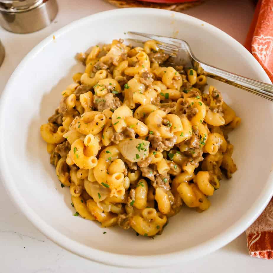 An overhead view of cheeseburger macaroni.