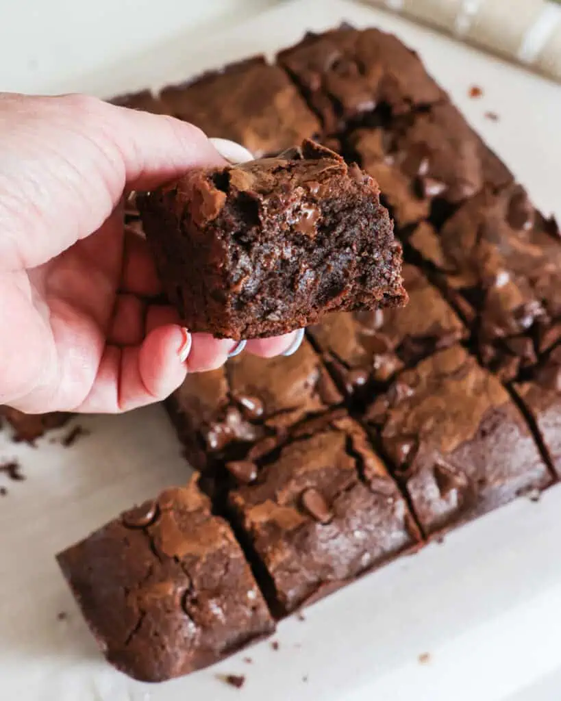 A close up view of a fudgy chocolate brownies.