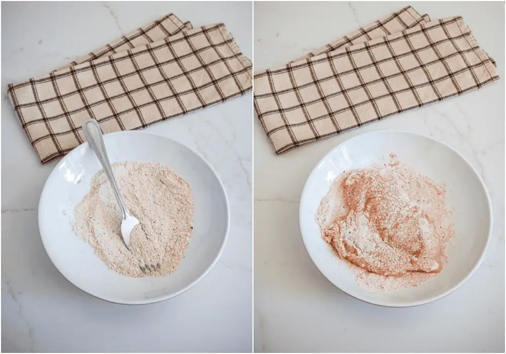 Some of the steps to making garlic parmesan chicken. Mix the flour, onion powder, garlic powder, paprika, salt, and black pepper in a medium shallow bowl. Dredge the chicken breasts in the flour mixture.