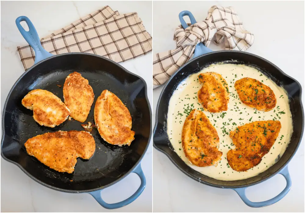 Some of the steps to making garlic parmesan chicken. Brown the breaded chicken in a large skillet in a little hot oil over medium heat. Plate the chicken breasts. Reduce the heat to low and add a bit more oil if needed. Cook the garlic for a minute. Stir in the chicken broth, Worcestershire sauce, Dijon mustard, and heavy cream to the skillet. Bring the mixture to a gentle boil, then reduce the heat to a simmer. Simmer and reduce the sauce for about 10 minutes. Stir in the parmesan cheese until melted. Add the chicken back to the skillet and warm for several minutes.