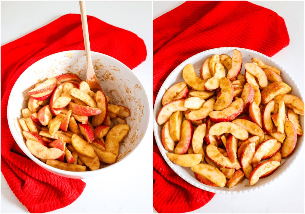 Some of the steps for making baked apples. Toss the cut apples with lemon juice, butter, brown sugar, and all the spices. Sprinkle with the sea salt and cornstarch and toss to coat again. Spread the apples in a 9x13-inch or equivalent-sized dish.