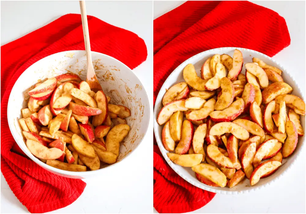 Some of the steps for making baked apples. Toss the cut apples with lemon juice, butter, brown sugar, and all the spices. Sprinkle with the sea salt and cornstarch and toss to coat again. Spread the apples in a 9x13-inch or equivalent-sized dish.