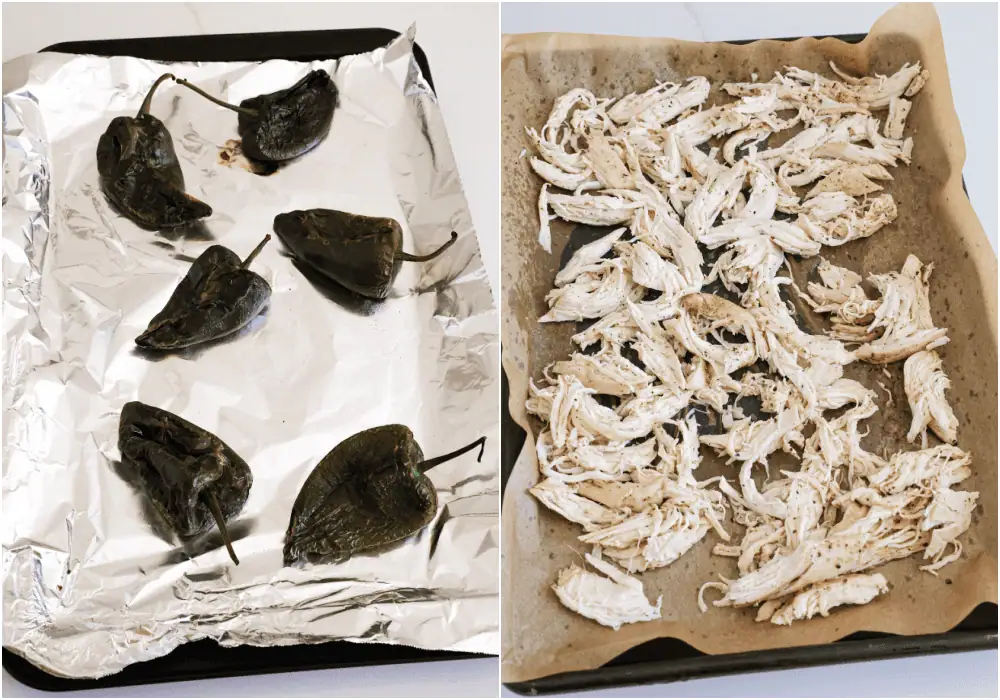 Some of the steps to making chicken poblano soup. Roast the peppers and place them in a paper bag to steam for 10-15 minutes. Remove the skins.
Shred some roasted, poached, or rotisserie chicken.