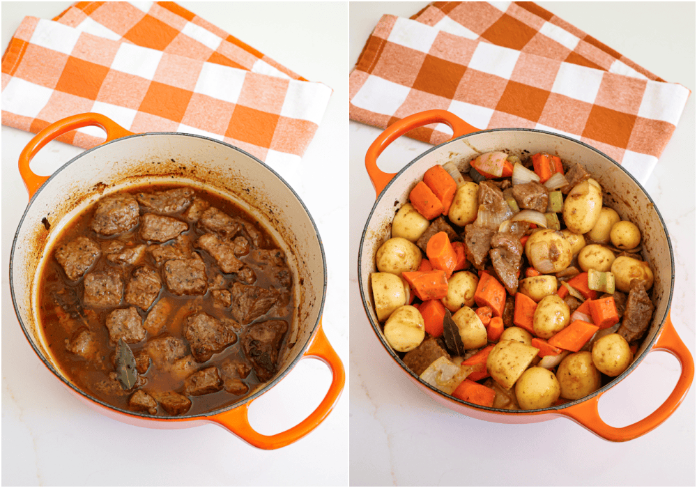 Some of the steps to making Dutch oven beef stew. Add the beef broth, bay leaves, and browned beef. Scrape the bottom of the pot to remove the brown bits. Cover the pot and place it in the oven for an hour.

Remove the pot from the oven and add carrots and potatoes. Cover the pot and place it in the oven for an hour. Fish out the bay leaves and serve.
