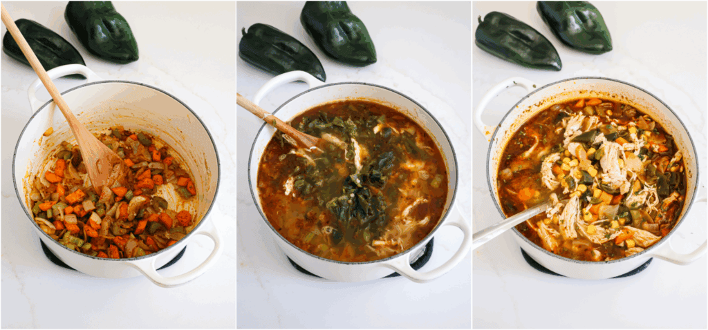 Some of the steps to making chicken poblano soup. Cook the onion, celery, and carrots in a little olive oil over medium heat until the onions and celery are soft. Reduce the heat and add the garlic, cumin, marjoram, chili powder, smoked paprika, and ground cayenne, and cook for 1 minute. Stir in the chicken broth and bring the mixture to a boil. Reduce and simmer until the carrots are tender. 

Add the shredded chicken, corn kernels, and poblano peppers. Season with salt and black pepper to taste. Garnish with chopped fresh cilantro.