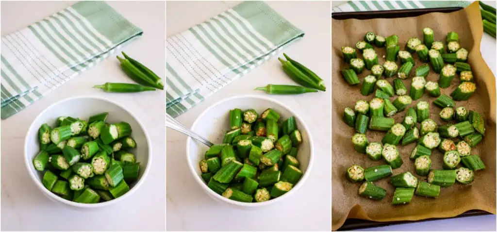 Some of the steps to making roasted okra. Drizzle with the olive oil and sprinkle with the seasonings. Toss to coat.Spread the seasoned okra in a single layer on a large parchment-paper-covered baking sheet.