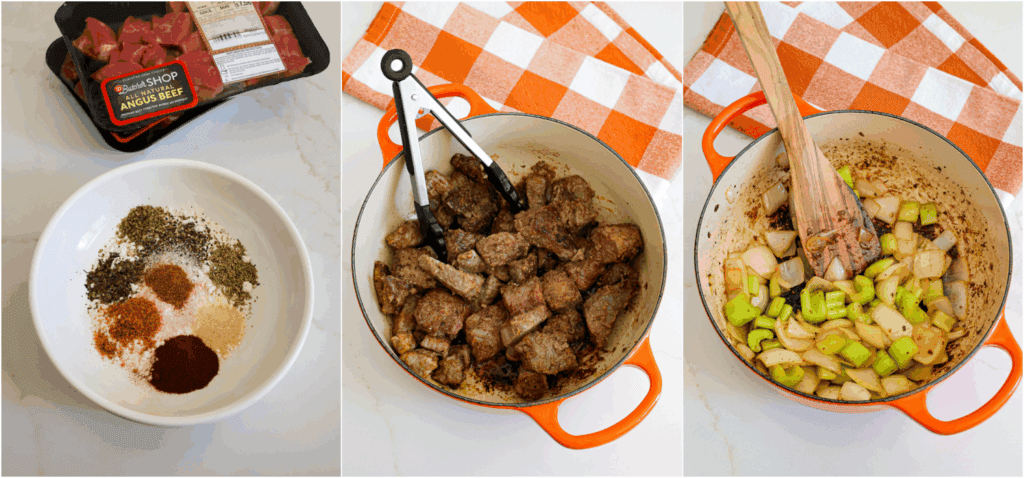 Some of the steps to making Dutch oven beef stew. Whisk the flour, paprika, salt, black pepper, onion powder, garlic powder, dried basil, dried marjoram, crushed rosemary, and cayenne pepper in a medium bowl.
Dredge the beef stew pieces through the flour mixture. 
Use a large Dutch oven to brown the beef in vegetable oil over medium heat. Work in small batches and plate them when browned. Sauté the onion and celery in the pot until they are soft.