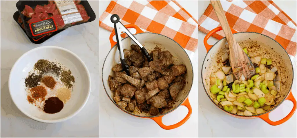 Some of the steps to making Dutch oven beef stew. Whisk the flour, paprika, salt, black pepper, onion powder, garlic powder, dried basil, dried marjoram, crushed rosemary, and cayenne pepper in a medium bowl.
Dredge the beef stew pieces through the flour mixture. 
Use a large Dutch oven to brown the beef in vegetable oil over medium heat. Work in small batches and plate them when browned. Sauté the onion and celery in the pot until they are soft.