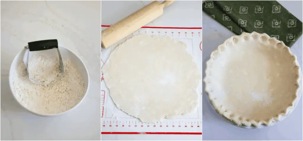 Some of the steps for making broccoli quiche. Combine the flour, salt, and cubed butter. Use a pastry blender to cut in the butter until crumbly. Add the chilled water 1 tablespoon at a time until the dough holds together when pinched. Form the dough into a disk, wrap it in plastic, and chill for at least 2 hours.
Roll out the dough to a 12-13-inch circle. Put the pie crust in a deep-dish pie pan. Trim it, flute it, and fill it with pie weights. Prebake the pie crust.