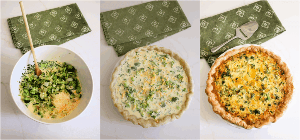 Some of the steps for making broccoli quiche.  Whisk the egg, heavy cream, milk, chives, salt, and black pepper. Stir in the cooked veggies, cheddar, and Parmesan cheese. Bake in a preheated oven until set and lightly browned.