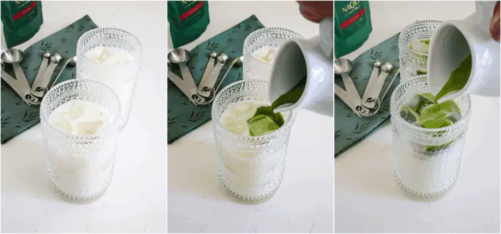 Some of. the steps to making iced matcha latte. Add ice and milk to a couple of glasses. The smaller the glass, the greater the concentration of matcha. Divide the matcha mixture between the two glasses and stir to combine.