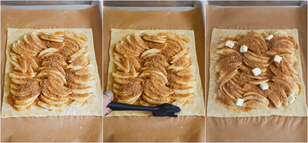 Some of the steps to making apple tart. Sprinkle the brown sugar mixture over the apples and brush the edges of the puff pastry with the egg wash. 
Dot the top with small butter cubes