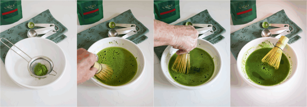 Some of the steps to making iced matcha latte. Sift the matcha powder. Add the hot (not boiling water) and whisk for a couple of minutes in a zigzag pattern, creating a frothy foam on top.