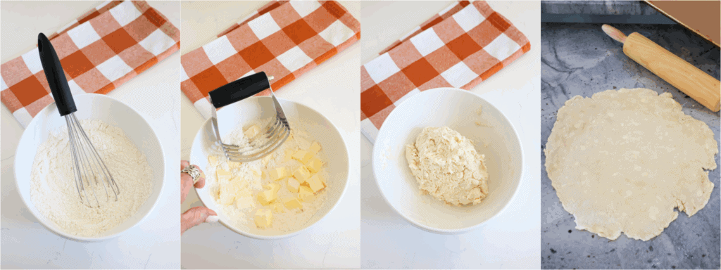 Some of the steps to making a peach galette. Whisk the flour, sugar, and salt together. Cut in the butter. Stir in 4-6 tablespoons of water, start with 4 tablespoons and 1/2-1 tablespoon of water at a time until the dough pulls together. Shape the dough into a disk and cover with plastic wrap. Chill in the refrigerator for at least 1 hour up to overnight. Gently roll the dough into a 12-13-inch circle on a lightly floured surface.