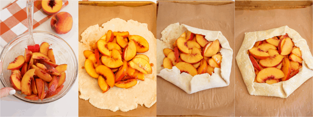 Some of the steps to making peach galette. Mix the peaches, granulated sugar, cornstarch, ground cinnamon, and vanilla extract. Using a slotted spoon, scoop the peach mixture into the middle of the pie crust. Pull up 2-3 inches of the dough over the fruit, overlapping the dough with each fold. Gently pinch overlaps in the dough. Drizzle any juice left in the bowl over the peaches. Beat the egg and brush it over the edges. If using, sprinkle with coarse sugar.