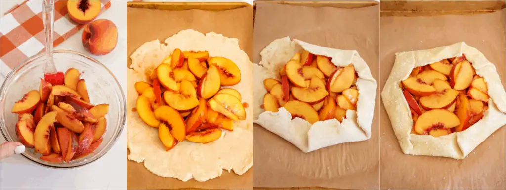 Some of the steps to making peach galette. Mix the peaches, granulated sugar, cornstarch, ground cinnamon, and vanilla extract. Using a slotted spoon, scoop the peach mixture into the middle of the pie crust. Pull up 2-3 inches of the dough over the fruit, overlapping the dough with each fold. Gently pinch overlaps in the dough. Drizzle any juice left in the bowl over the peaches. Beat the egg and brush it over the edges. If using, sprinkle with coarse sugar.