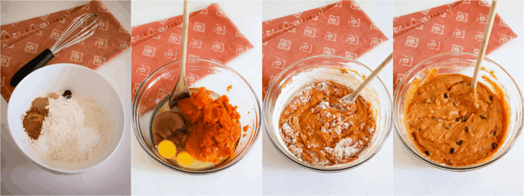 Some of the steps to making pumpkin bread with chocolate chips. Whisk the flour, baking soda, salt, and spices together in a medium bowl. Stir the eggs, granulated sugar, brown sugar, pumpkin puree, vegetable oil, and melted butter together in a large bowl. Add the dry ingredients to the wet ingredients and stir just until combined. Fold in the chocolate chips.