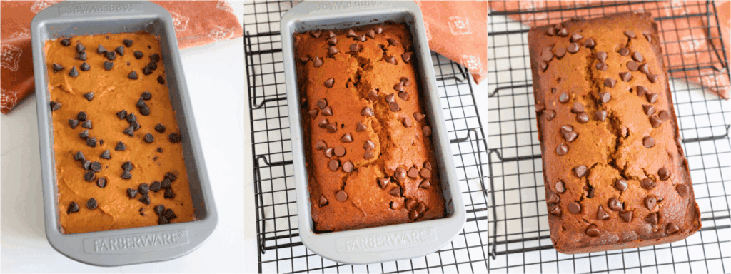 Some of the steps to making pumpkin chocolate chip bread. Pour the batter into a greased and floured loaf pan. Bake until a toothpick inserted in the center comes out clean.