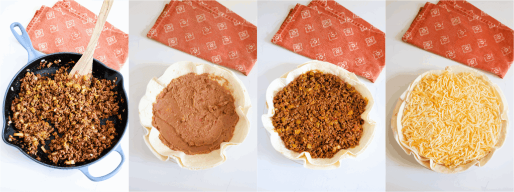 Some of the steps to making taco pie. Brown the ground beef in a large skillet over medium heat. About halfway through the browning process, add the onion.
Reduce the heat to low and add the garlic and green chiles. Cook for a minute while stirring. Add the taco seasoning and water. Simmer for 5-10 minutes.
Place two tortillas in the bottom of a 9-inch pie plate. Spread the refried beans over the top.
Spoon the seasoned taco meat over the refried beans and top with another tortilla. Sprinkle with the cheeses.