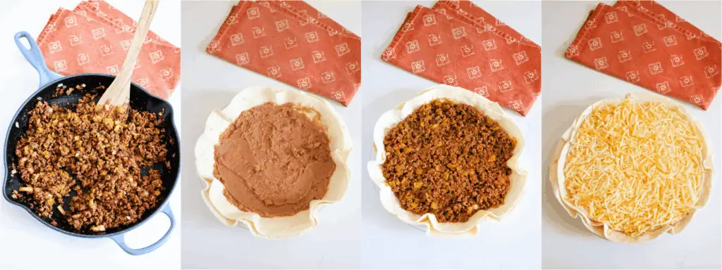 Some of the steps to making taco pie. Brown the ground beef in a large skillet over medium heat. About halfway through the browning process, add the onion.
Reduce the heat to low and add the garlic and green chiles. Cook for a minute while stirring. Add the taco seasoning and water. Simmer for 5-10 minutes.
Place two tortillas in the bottom of a 9-inch pie plate. Spread the refried beans over the top.
Spoon the seasoned taco meat over the refried beans and top with another tortilla. Sprinkle with the cheeses.