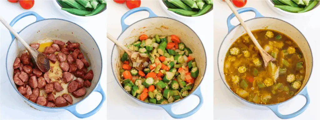 Some of the steps to making sausage soup. Lightly brown the sausage in a large Dutch oven over medium heat and plate it.
Add the onions, celery, carrots, and okra to the pot. Cook over medium heat until the onions and the celery are soft.
Reduce the heat to low and add the garlic and Cajun seasoning. Cook for a minute while stirring.
Add the chicken broth and bay leaves. Bring the mixture to a boil and then simmer for 10 minutes.