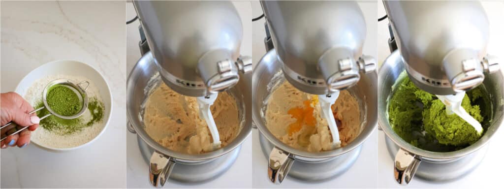 Some of the steps for making matcha cookies. Mix the flour, baking soda, salt, and sifted matcha in a medium bowl.
Cream the butter, brown sugar, and granulated sugar. Add the eggs and vanilla extract. Mix on low just until combined. Scraping the bowl and beater down as needed. Add the dry ingredients to the mixture in increments on low or stir. Mix just until combined, scraping the bowl and beaters down as needed. Stir in the chocolate chips.