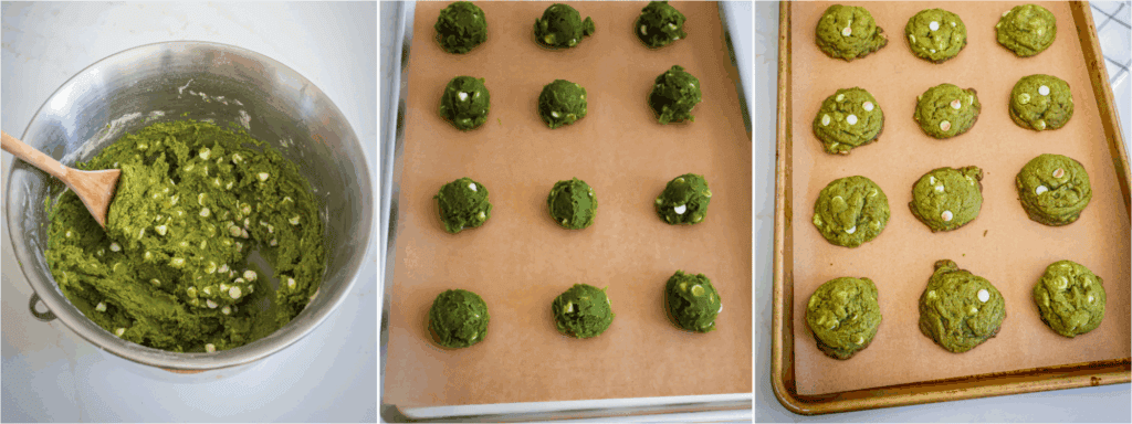 Some of the steps for making matcha cookies. Using a 1½ tablespoon scoop, drop the dough balls on a parchment-covered baking sheet with about 2 inches of space between them.
Bake for 10-11 minutes.