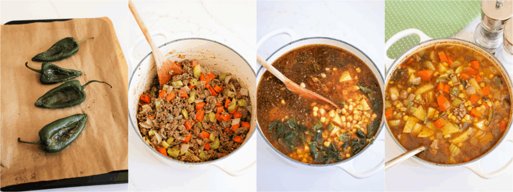 Some of the steps to making hamburger potato soup. Roast the poblanos, Brown the ground beef in a Dutch oven over medium heat. About halfway through the browning process, add the onions, celery, and carrots. Cook until the onions and celery are soft. Reduce the heat to low and add the garlic and other spices. Cook for a minute. 
Add the beef broth, potatoes, and corn. Simmer until all the vegetables are tender. Garnish with fresh herbs.