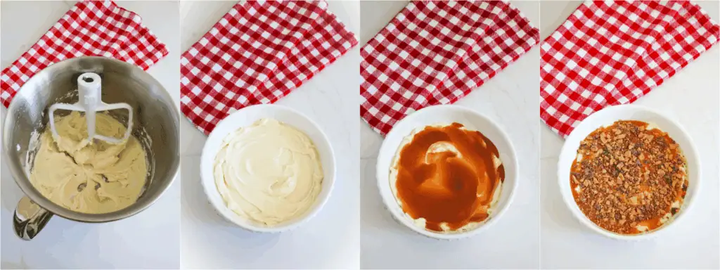 Some of the steps to making caramel apple dip. First, beat the cream cheese, powdered sugar, and vanilla extract until smooth and creamy. Spread it into the bottom of a shallow serving bowl. Top with caramel sauce and toffee pieces.