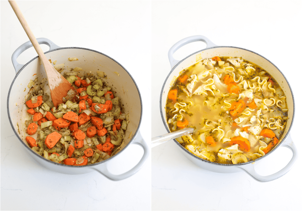 Some of the steps to making rotisserie chicken noodle soup. Cook the vegetables in a little oil over medium heat.Reduce the heat to low and add the garlic and spices. Cook for a minute while stirring. Add the chicken broth and bring the mixture to a gentle boil. Boil for 5-7 minutes. Then add the egg noodles and gently boil until the carrots and egg noodles are tender. Stir in the chicken to warm.