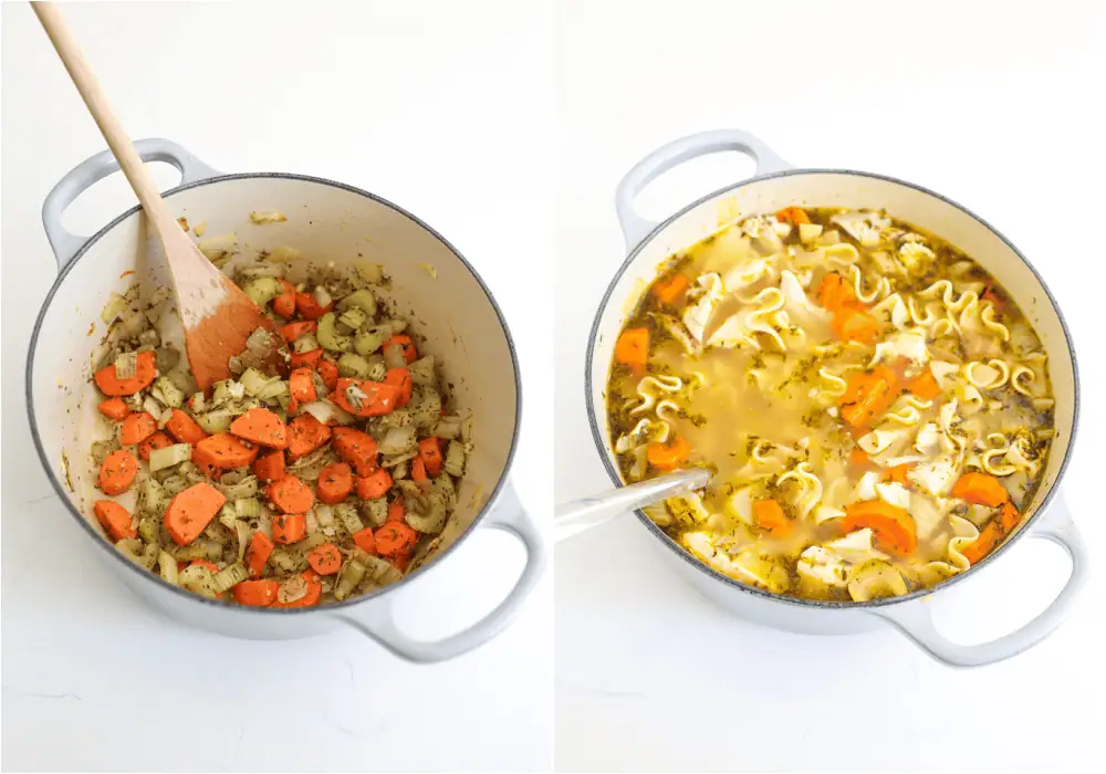 Some of the steps to making rotisserie chicken noodle soup. Cook the vegetables in a little oil over medium heat.Reduce the heat to low and add the garlic and spices. Cook for a minute while stirring. Add the chicken broth and bring the mixture to a gentle boil. Boil for 5-7 minutes. Then add the egg noodles and gently boil until the carrots and egg noodles are tender. Stir in the chicken to warm.